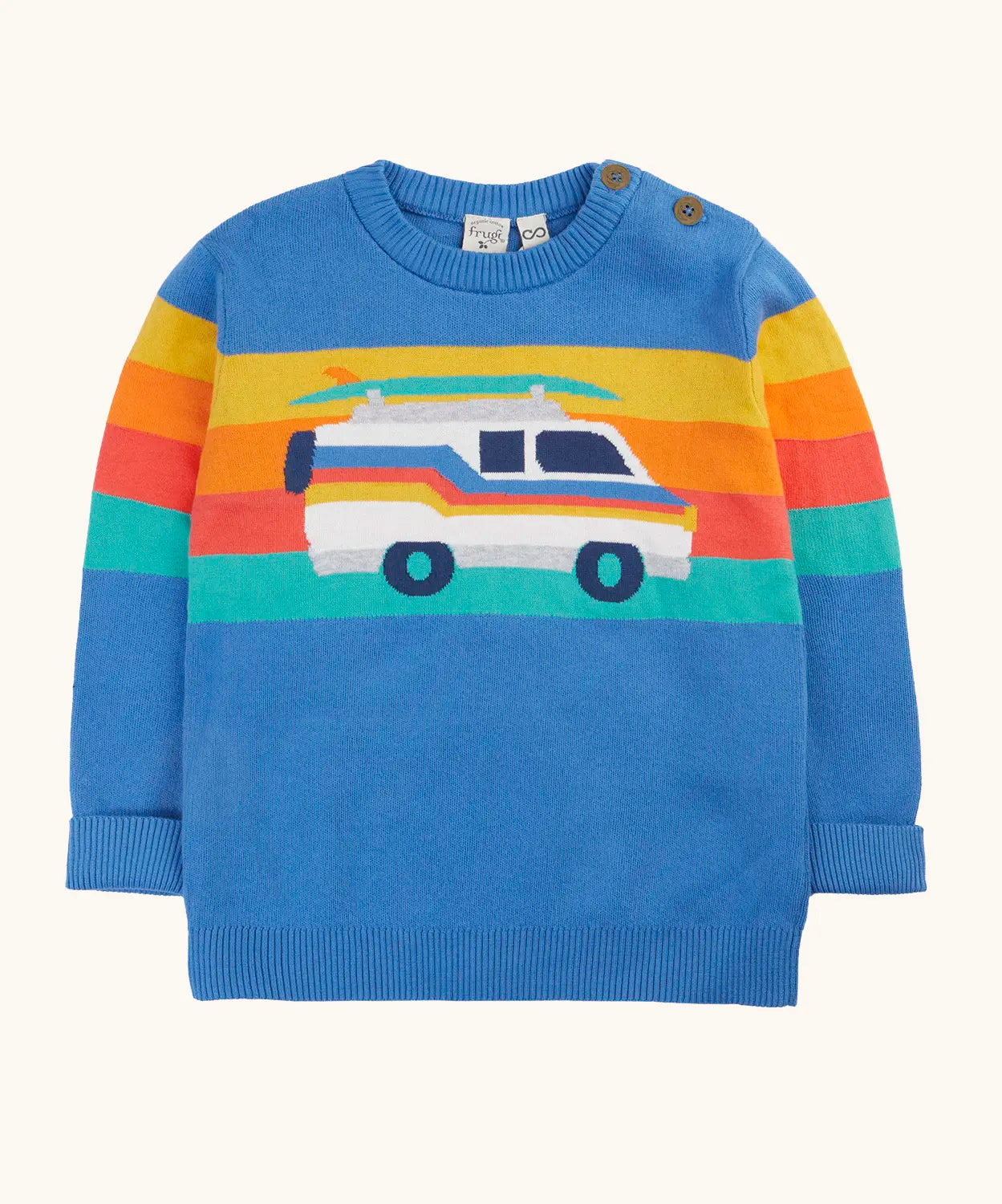 Frugi 100% organic cotton Elwood knitted jumper in blue with a striped and campervan design on upper body. Showing button fasteners on shoulder