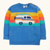 Frugi 100% organic cotton Elwood knitted jumper in blue with a striped and campervan design on upper body. Showing button fasteners on shoulder