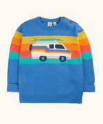 Frugi 100% organic cotton Elwood knitted jumper in blue with a striped and campervan design on upper body. Showing button fasteners on shoulder