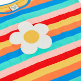 Frugi 100% organic cotton short sleeve Fiona t-shirt in rainbow stripes laid flast showing the white daisy patch on the front