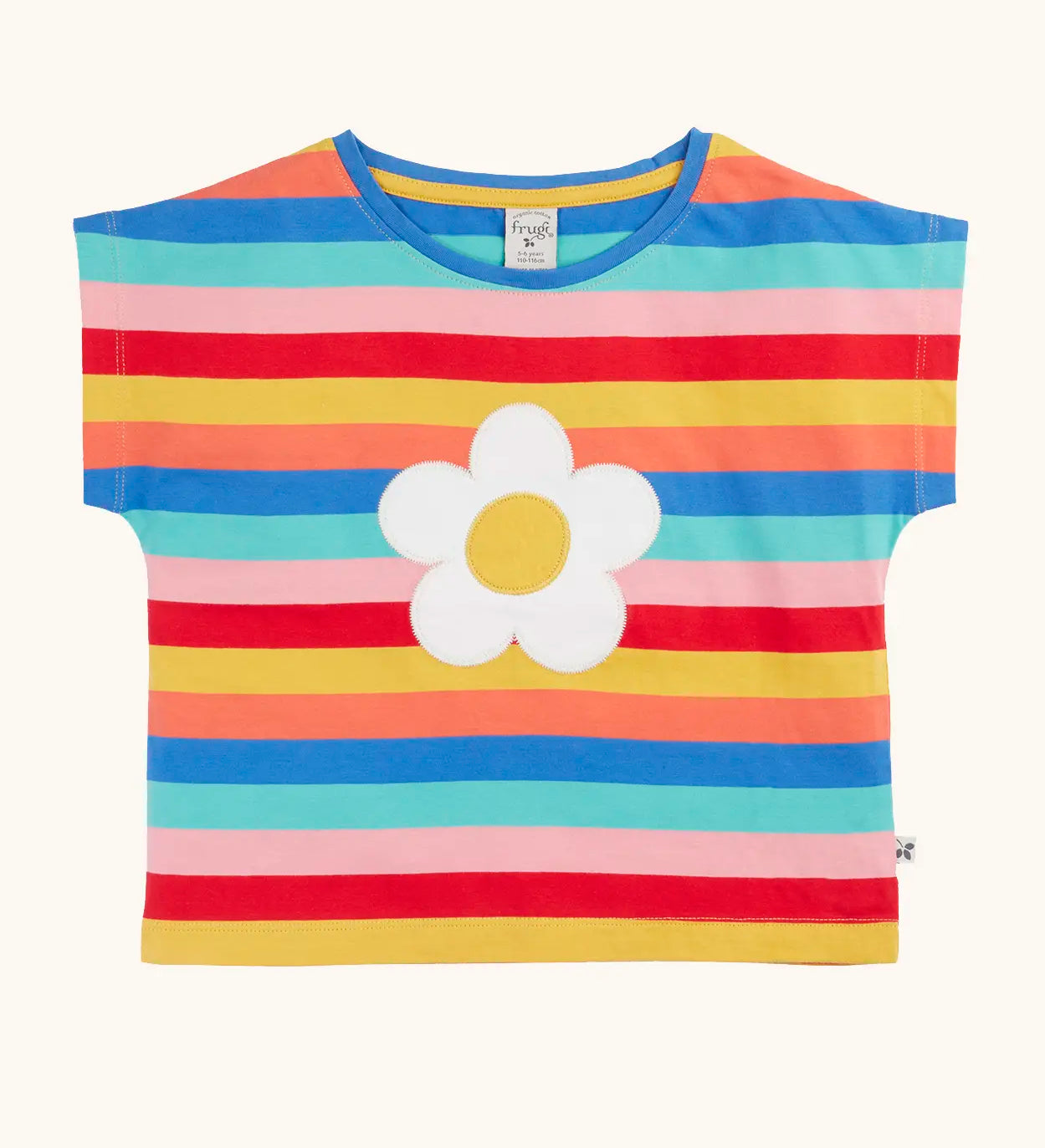 Frugi 100% organic cotton short sleeve Fiona t-shirt in rainbow stripes with a white daisy patch on the front