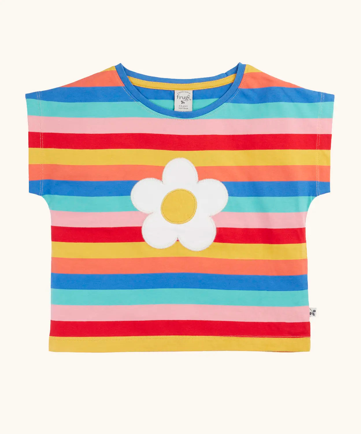 Frugi 100% organic cotton short sleeve Fiona t-shirt in rainbow stripes with a white daisy patch on the front