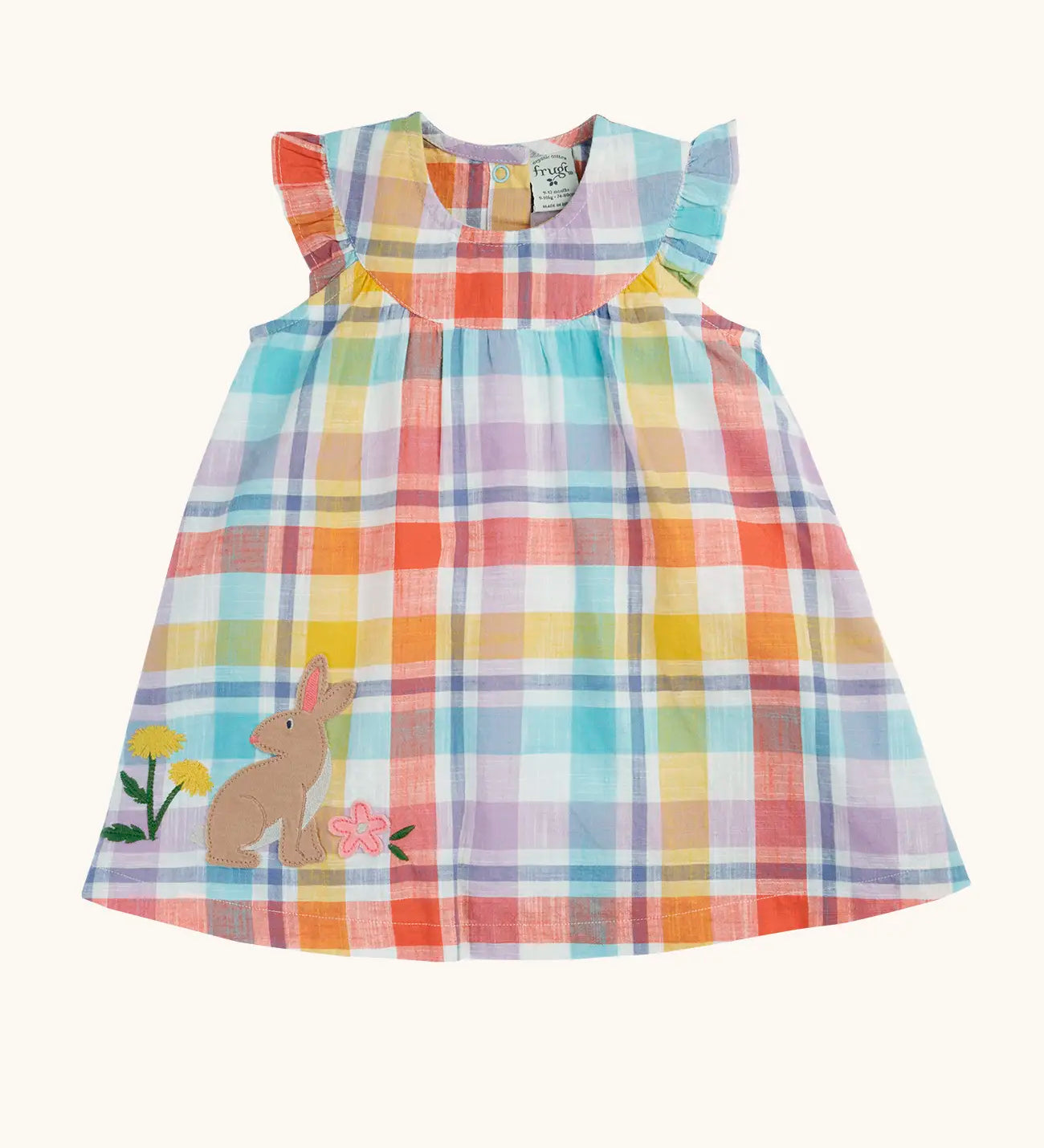 Frugi 100% organic cotton Flora sleeveless dress in a pastel check design with a rabbit patch on the skirt. Showing frill on the shoulder straps
