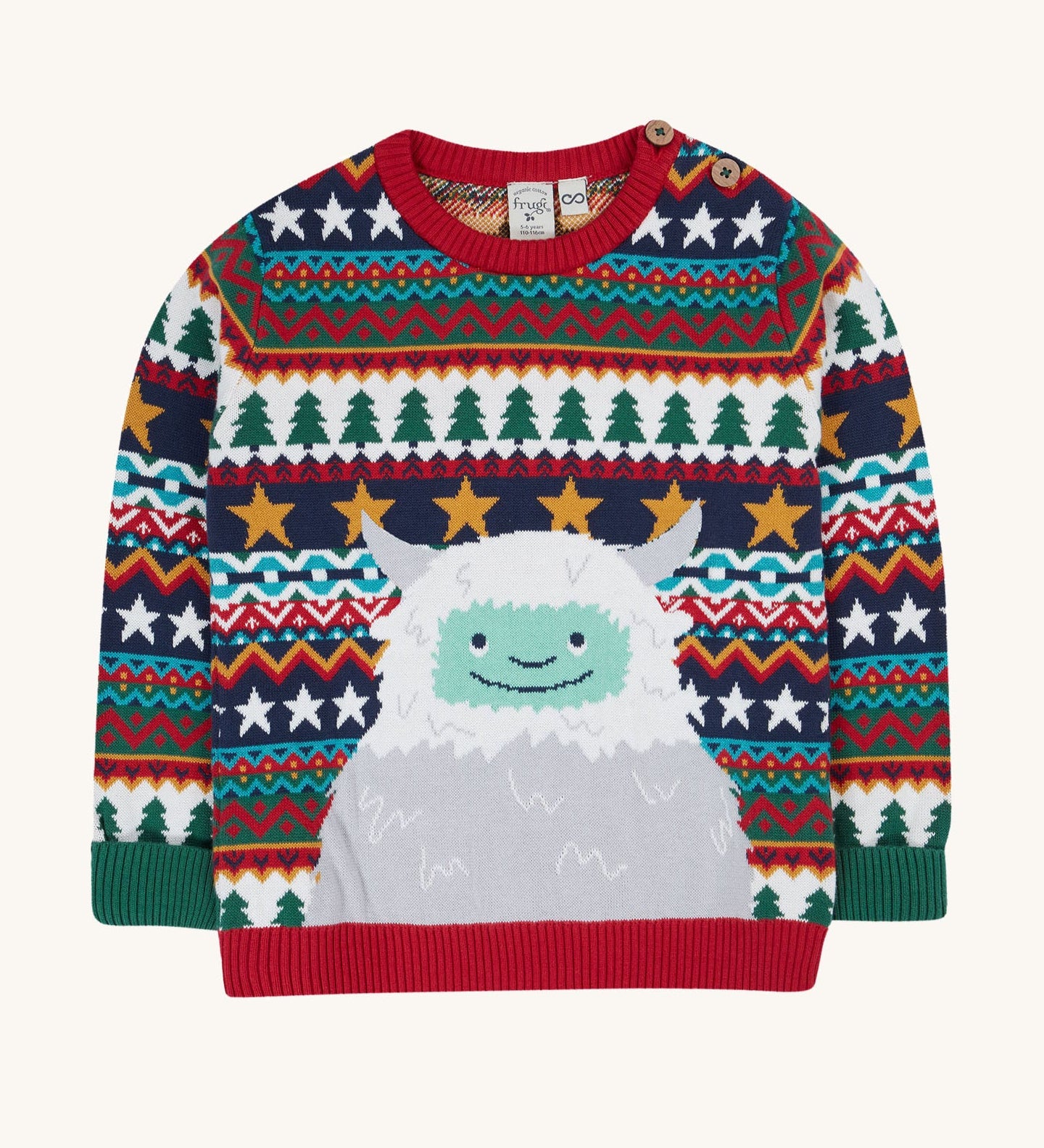 Frugi forest fairisle/yeti jumper available at Babipur. A GOTS organic cotton jumper with a cute playful yeti on a festive fairisle design. Features a button fasteners on the shoulder