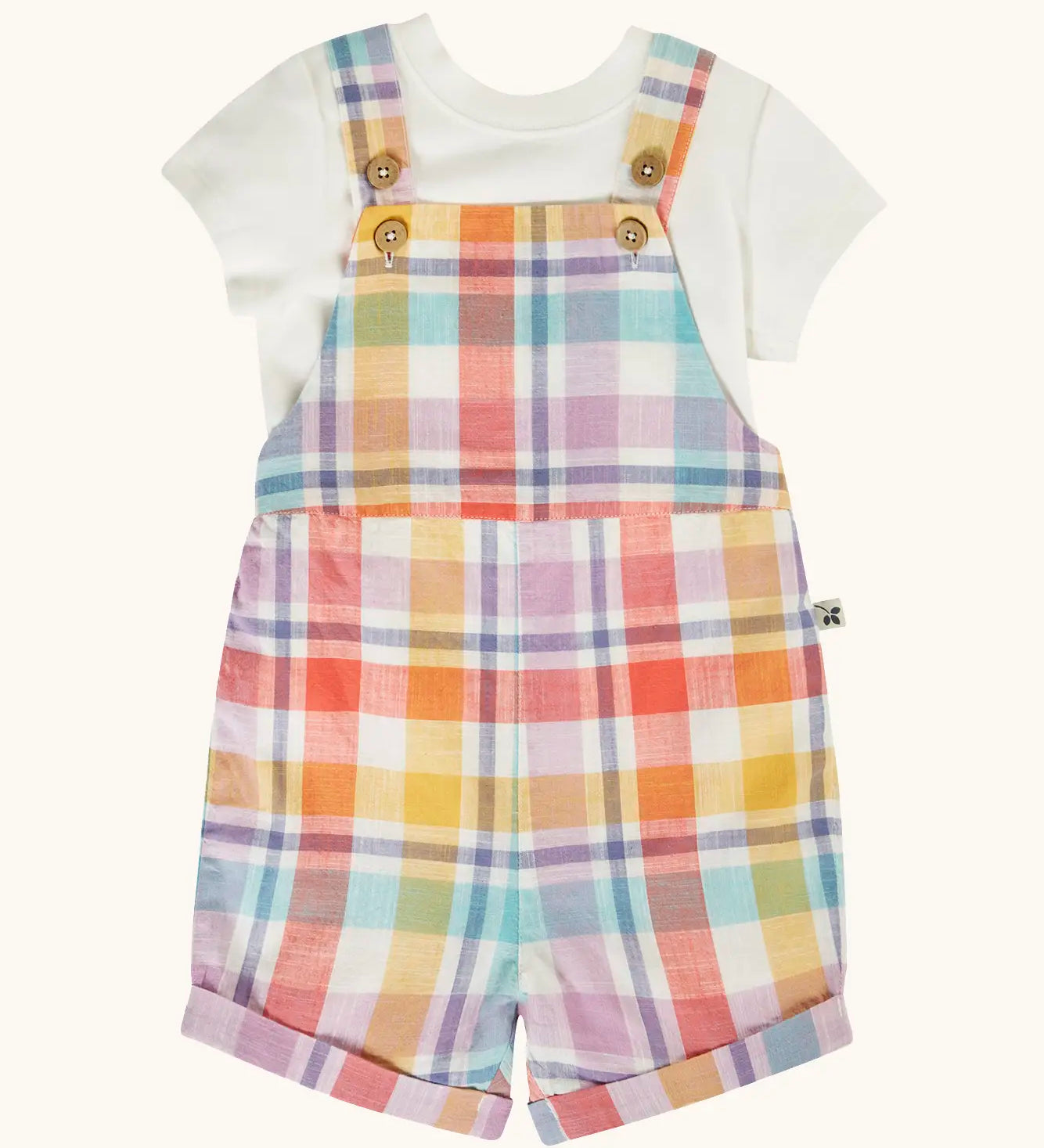 Frugi 100% organic cotton Freddie outfit showing a pastel check dungaree with button fasteners and white short sleeve t-shirt