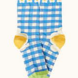 Frugi 100% organic cotton sock in blue and white check from the picnic multipack showing frill on the cuff