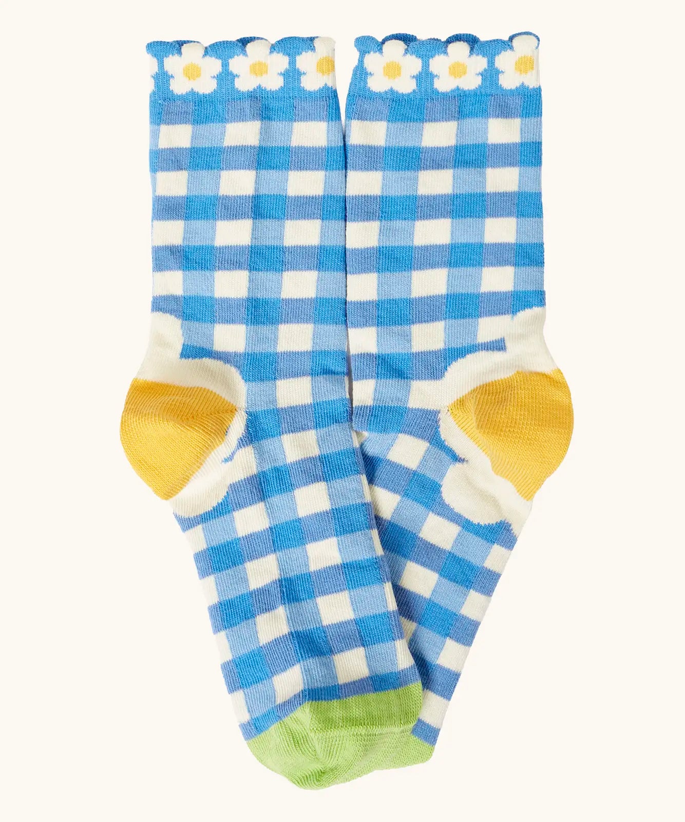 Frugi 100% organic cotton sock in blue and white check from the picnic multipack showing frill on the cuff