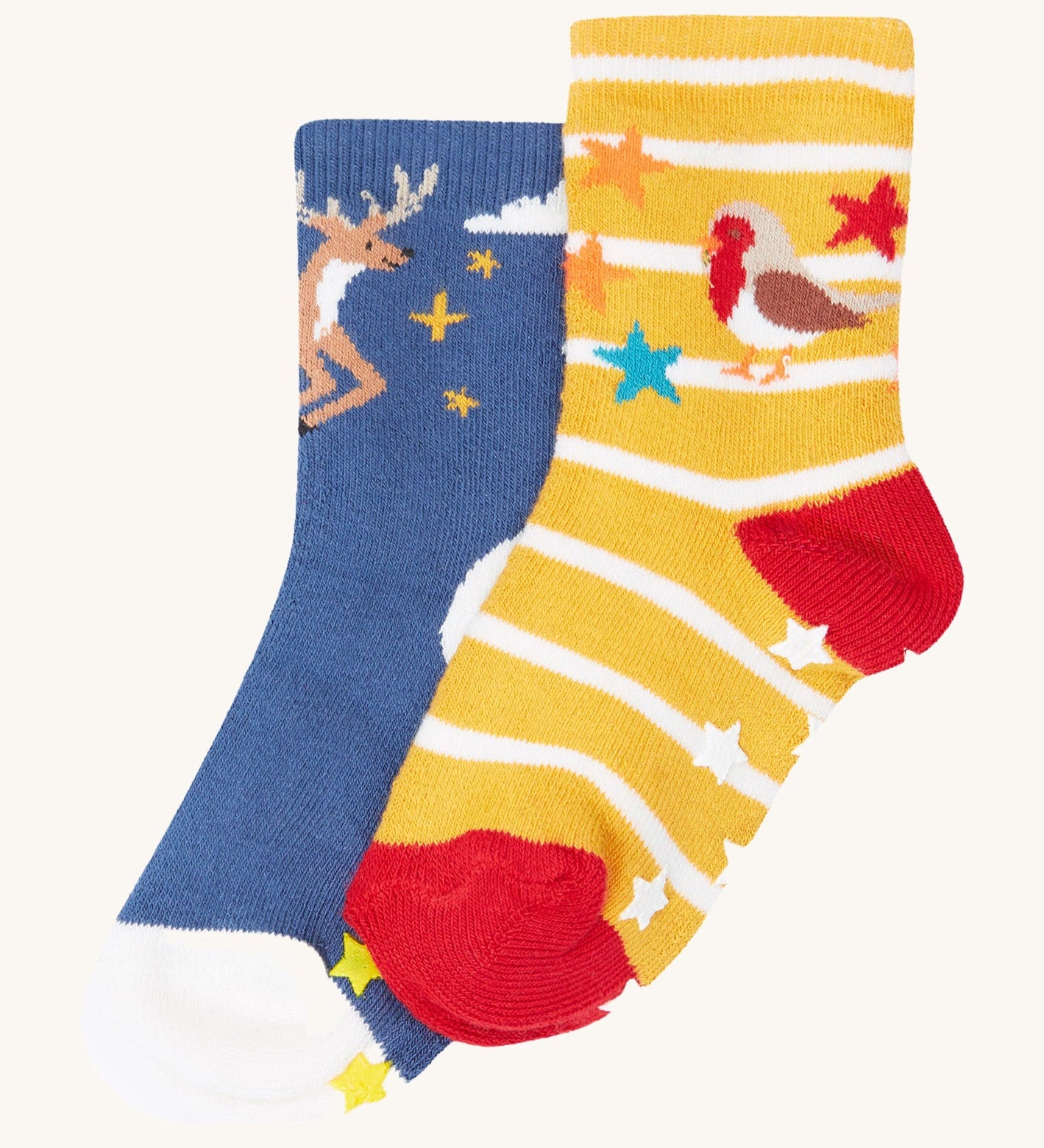 Frugi grippy 2 sock multipack in festive pals available at Babipur.  A pair of GOTS organic socks in a blue with reindeer design and a yellow/white stripe with robin design. Socks features small grip panels on the heel in a shape of stars