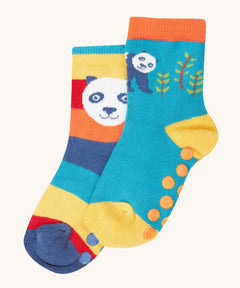 Frugi grippy 2 sock multipack in a panda design available at Babipur.  A pair of GOTS organic socks in rainbow striped and blue with a panda design. Socks features small grip panels on the heel in a shape of circles