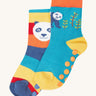 Frugi grippy 2 sock multipack in a panda design available at Babipur.  A pair of GOTS organic socks in rainbow striped and blue with a panda design. Socks features small grip panels on the heel in a shape of circles