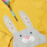 Frugi 100% organic cotton yellow hoodie laid flat. Showing half length front zip and rabbit patch pocket 