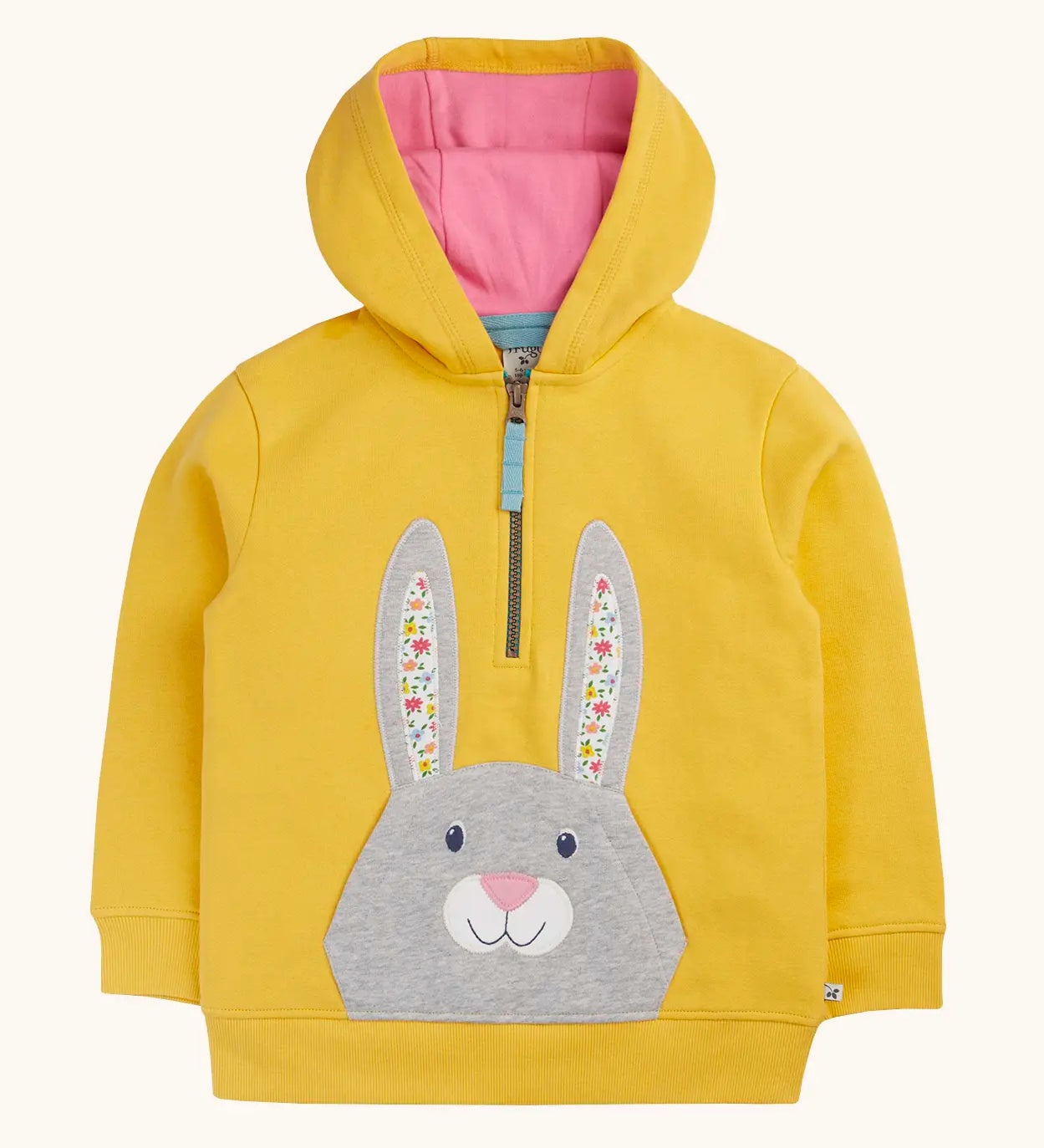 Frugi 100% organic cotton yellow hoodie with pink inner lining. Showing half length front zip and rabbit patch pocket on the front