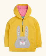 Frugi 100% organic cotton yellow hoodie with pink inner lining. Showing half length front zip and rabbit patch pocket on the front