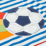 Close up of the football patch on the blue and white striped Frugi 100% organic cotton t-shirt