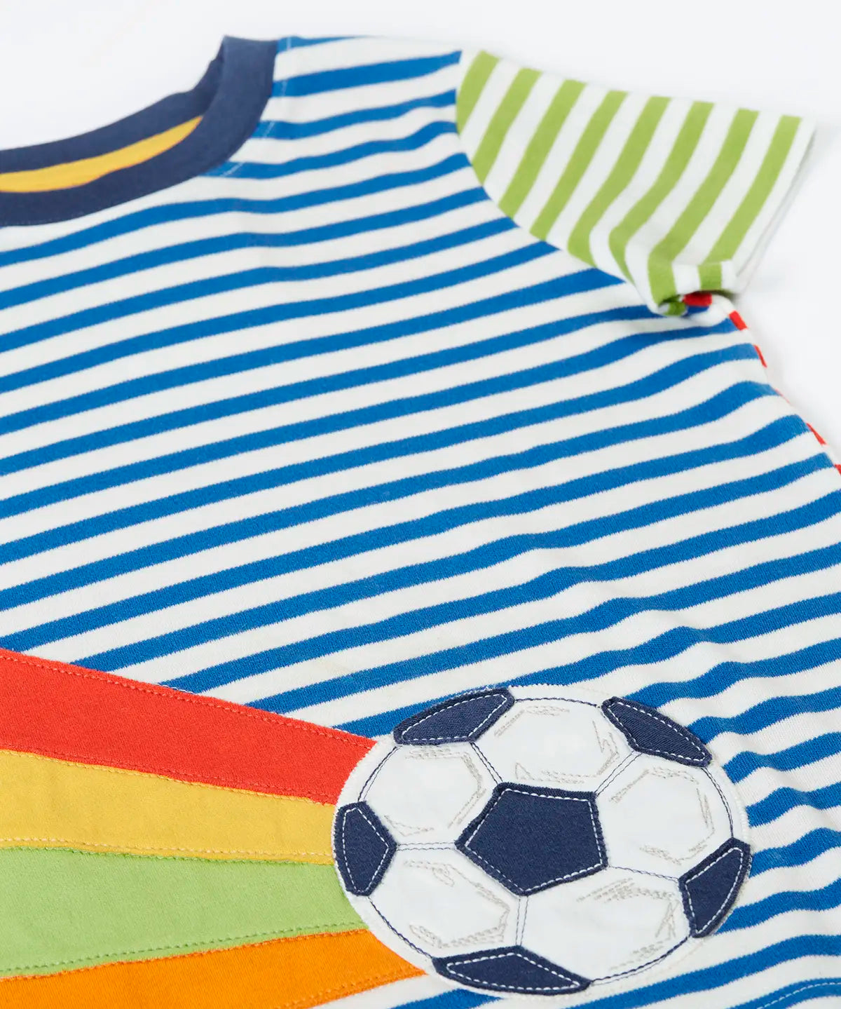 Frugi 100% organic cotton short sleeve t-shirt laid flat showing a green and white stripe sleeve and blue striped body 