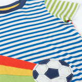 Frugi 100% organic cotton short sleeve t-shirt laid flat showing a green and white stripe sleeve and blue striped body 