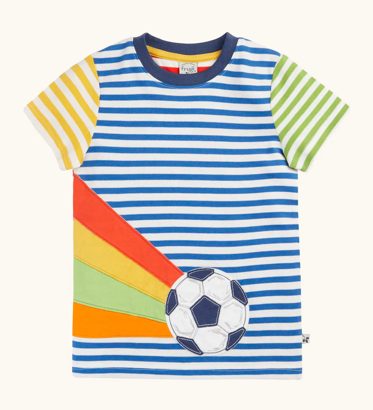 Frugi 100% organic cotton hotchpotch short sleeve t-shirt in a striped design and a football patch on the front.