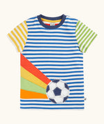 Frugi 100% organic cotton hotchpotch short sleeve t-shirt in a striped design and a football patch on the front.