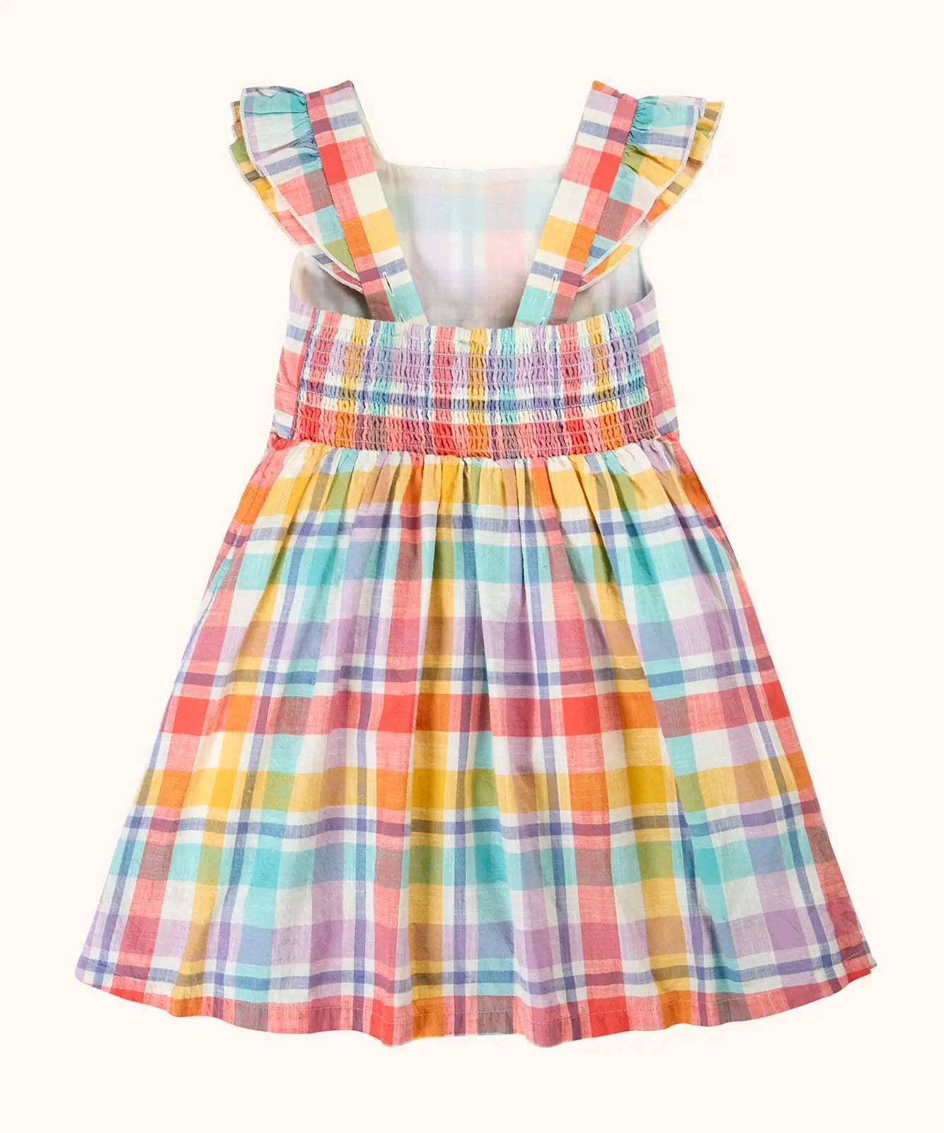 Frugi springtime dress in pastel check with frilled shoulders and elasticated back panel