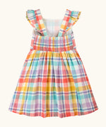 Frugi springtime dress in pastel check with frilled shoulders and elasticated back panel