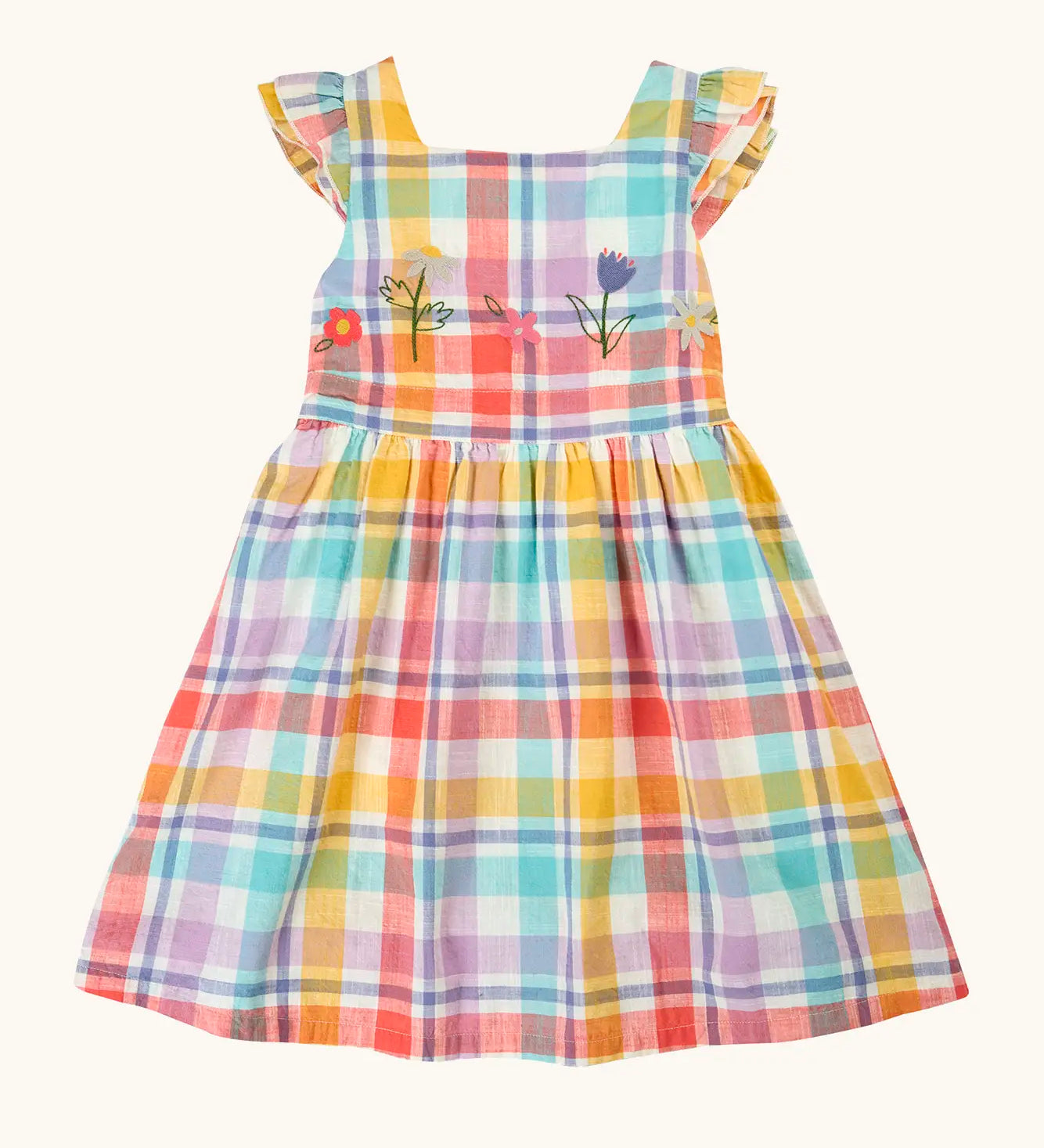 Frugi 100% organic cotton springtime dress in pastel check with hyacinth embroideries on the upper body and frilled shoulders
