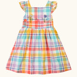 Frugi 100% organic cotton springtime dress in pastel check with hyacinth embroideries on the upper body and frilled shoulders