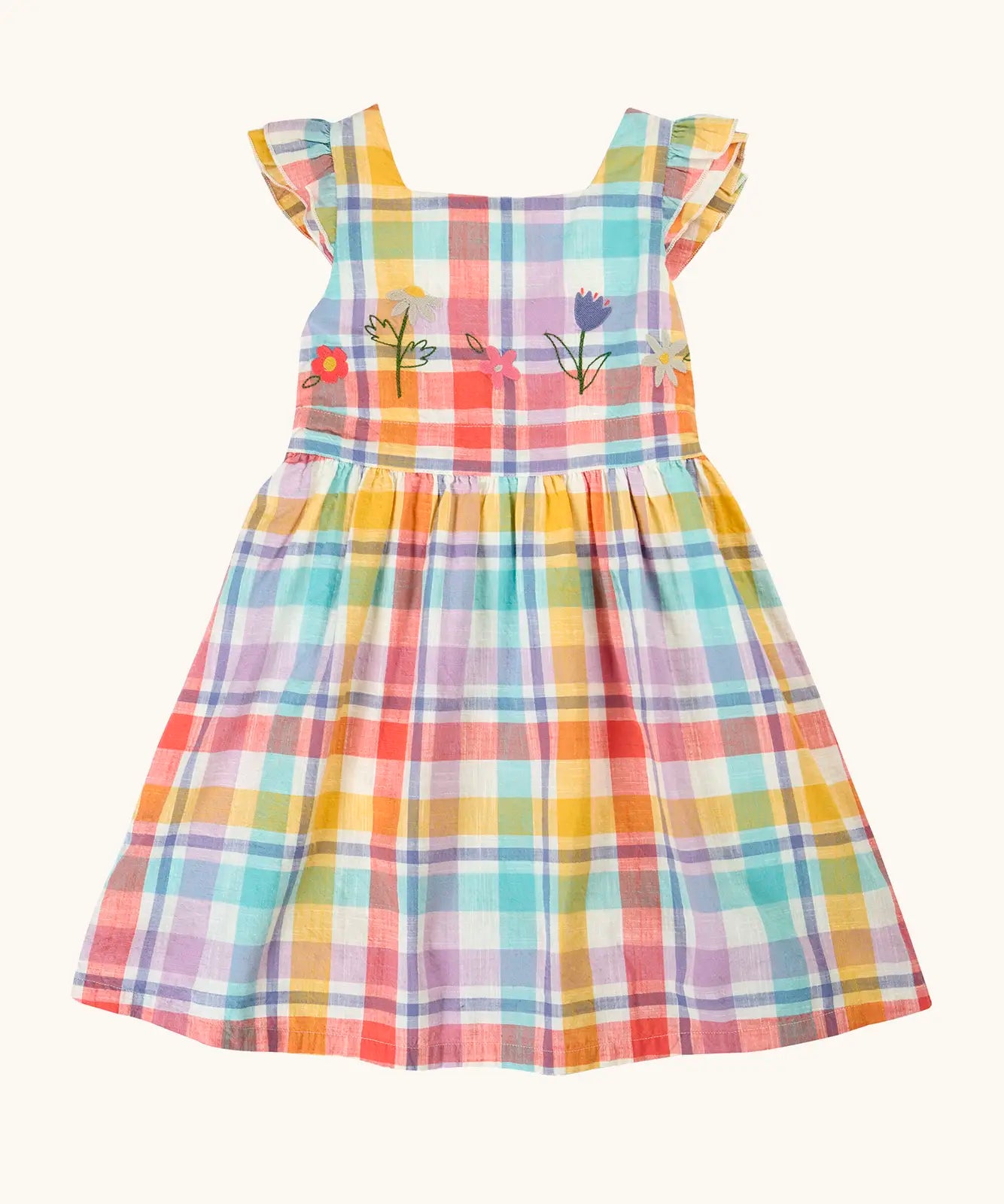 Frugi 100% organic cotton springtime dress in pastel check with hyacinth embroideries on the upper body and frilled shoulders