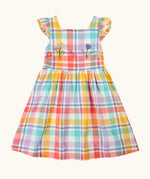 Frugi 100% organic cotton springtime dress in pastel check with hyacinth embroideries on the upper body and frilled shoulders