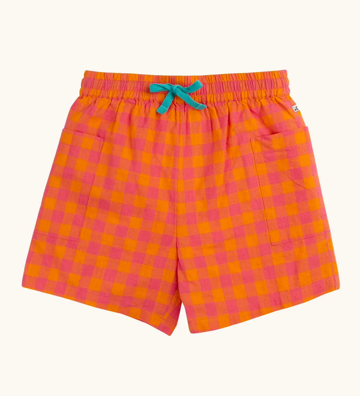 Frugi 100% organic cotton Kai shorts in orange and pink check with blue waist band tie and side pockets