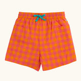 Frugi 100% organic cotton Kai shorts in orange and pink check with blue waist band tie and side pockets
