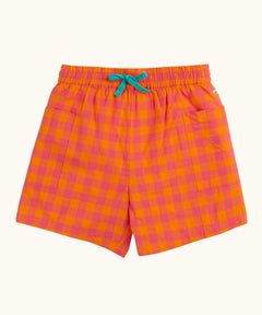 Frugi 100% organic cotton Kai shorts in orange and pink check with blue waist band tie and side pockets