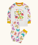 Frugi 100% organic cotton pyjama set in white showing  a repeating butterfly print on the trousers and large wild and free flower design on the top