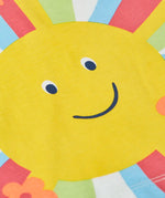 Close up of smiling sun on the Frugi 100% organic cotton light green raglan short sleeve t-shirt 