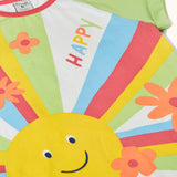 Frugi 100% organic cotton light green raglan short sleeve t-shirt laid flat showing the large sun print on the front with flowers and happy slogan.