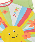 Frugi 100% organic cotton light green raglan short sleeve t-shirt laid flat showing the large sun print on the front with flowers and happy slogan.