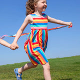 Child wearing Frugi 100% organic cotton rainbow striped Samantha Summer dress on a grassy field