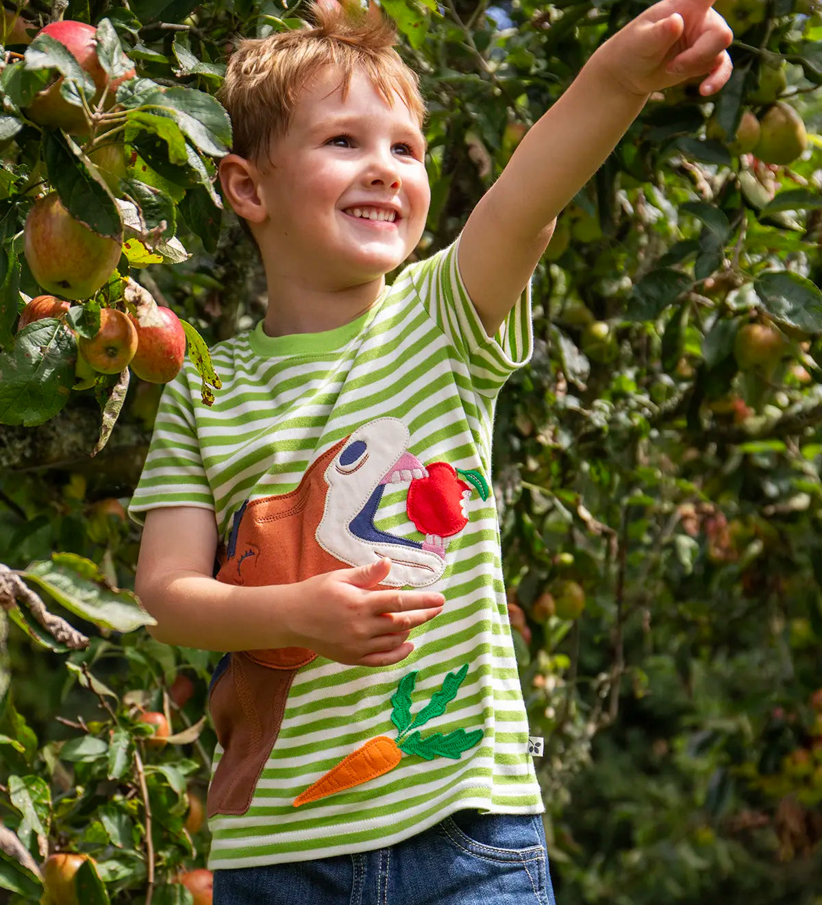 Child wearing Frugi's 100% organic cotton Sid short sleeve white and green stripe t-shirt with a horse eating an apple patch under a apple tree