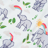 Close up of the repeating elephant and rainbow print on the Frugi 100% organic cotton kimono style babygrow in white 