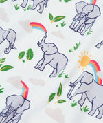 Close up of the repeating elephant and rainbow print on the Frugi 100% organic cotton kimono style babygrow in white 