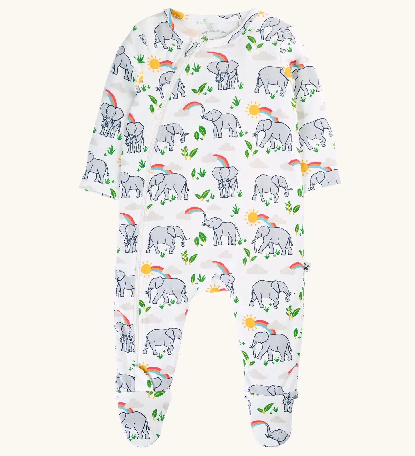 Frugi 100% organic cotton kimono style babygrow in white with a repeating elephant and rainbow print. Showing front length front zip
