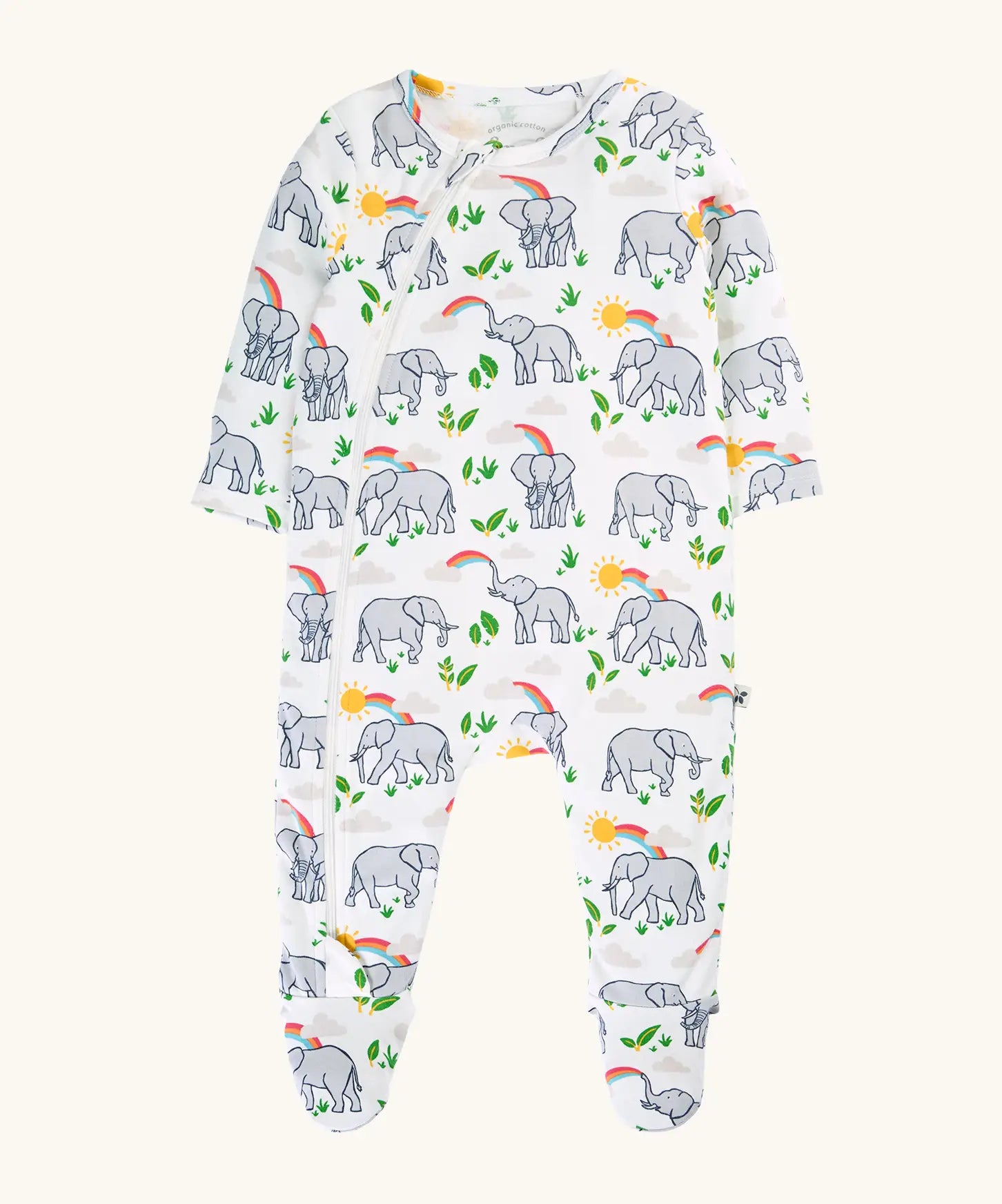 Frugi 100% organic cotton kimono style babygrow in white with a repeating elephant and rainbow print. Showing front length front zip