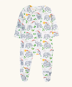 Frugi 100% organic cotton kimono style babygrow in white with a repeating elephant and rainbow print. Showing front length front zip