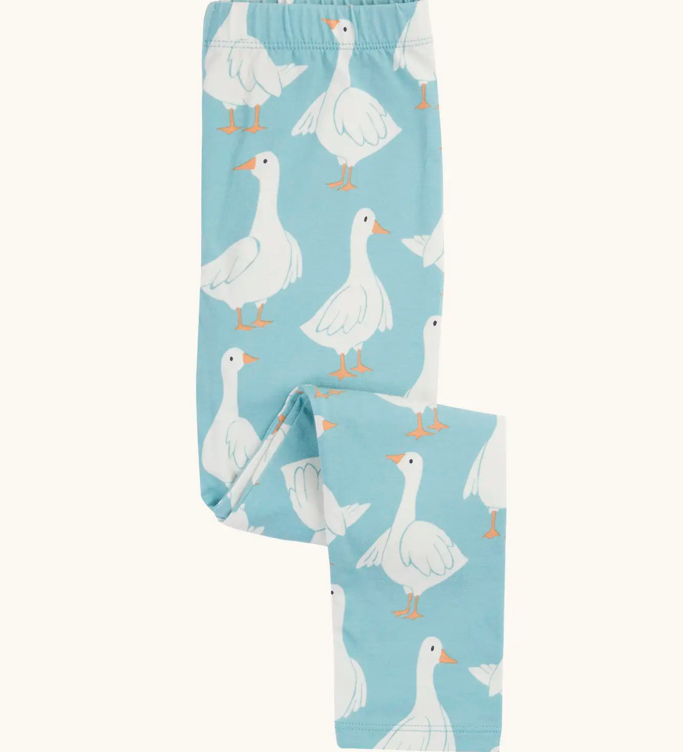 Folded Frugi 100% organic cotton Libby leggings in light blue with a repeating white goose print