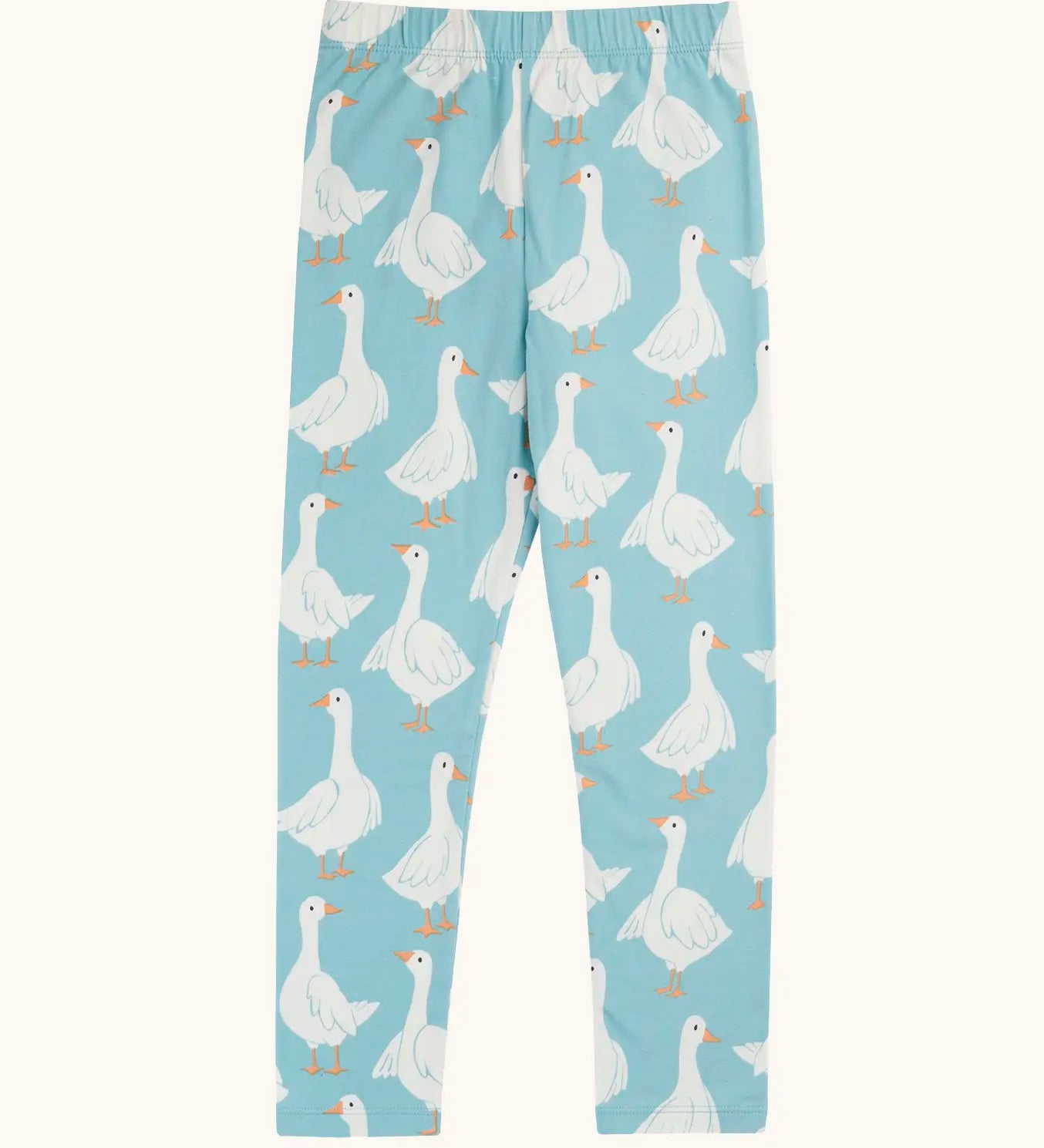 Frugi 100% organic cotton Libby leggings in light blue with a repeating white goose print