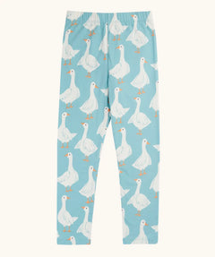 Frugi 100% organic cotton Libby leggings in light blue with a repeating white goose print