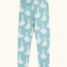 Frugi 100% organic cotton Libby leggings in light blue with a repeating white goose print