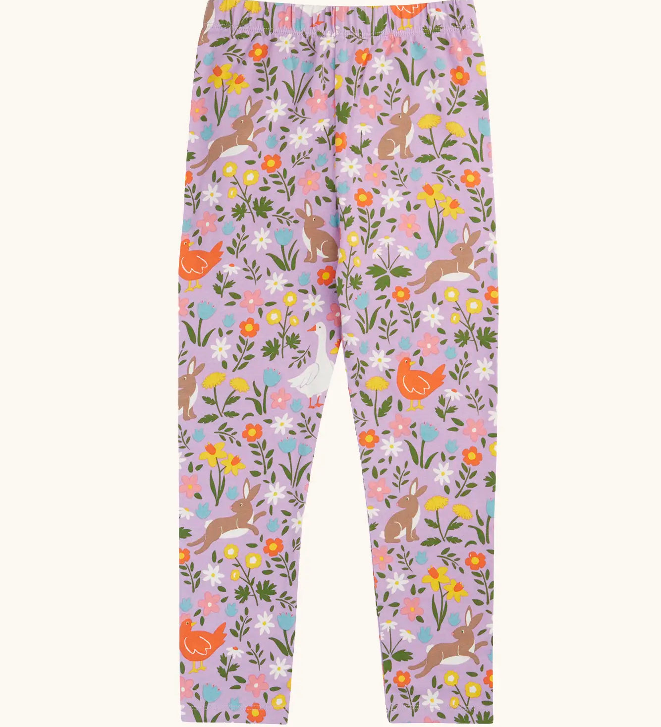 Frugi 100% organic cotton Libby leggings in light purple with a repeating Spring meadow inspired design