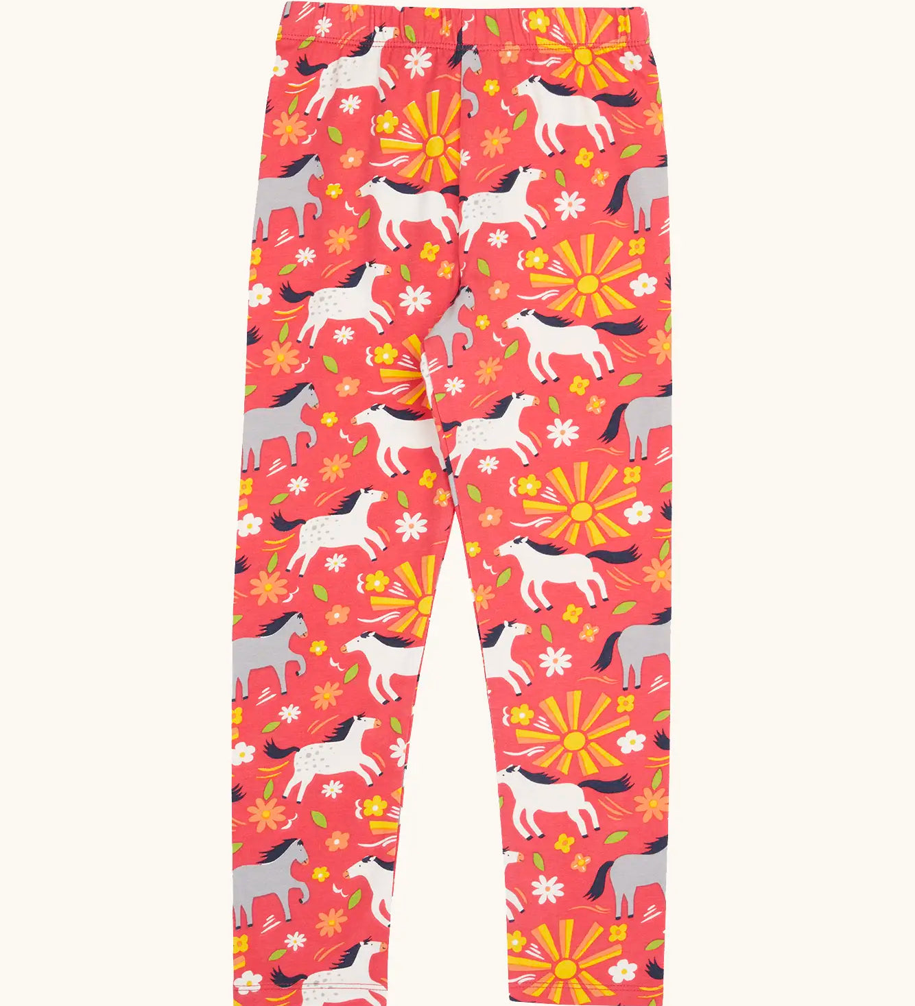 Frugi 100% organic cotton Libby leggings in coral pink with a repeating white and grey horse print design