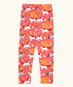 Frugi 100% organic cotton Libby leggings in coral pink with a repeating white and grey horse print design