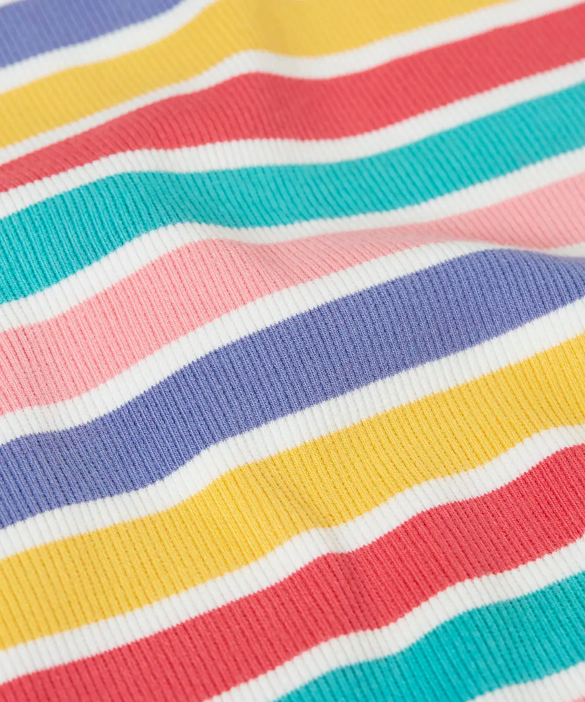 Close up of the pastel striped design on the Frugi 100% organic cotton ribbed leggings 